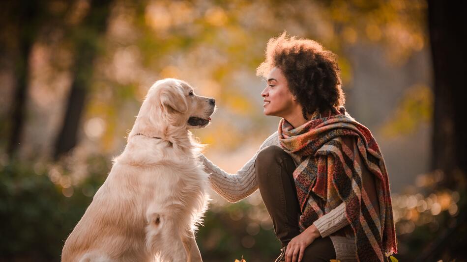 Frau spricht mit Hund im Park