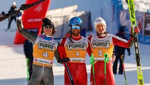 Marco Schwarz (M.) triumphierte vor Lucas Pinheiro Braathen (l.) und Stefan Brennsteiner