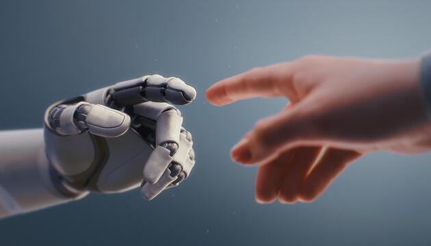 Visualisierung eines humanoiden Roboters und eines Menschen, der die Fingerspitzen berührt