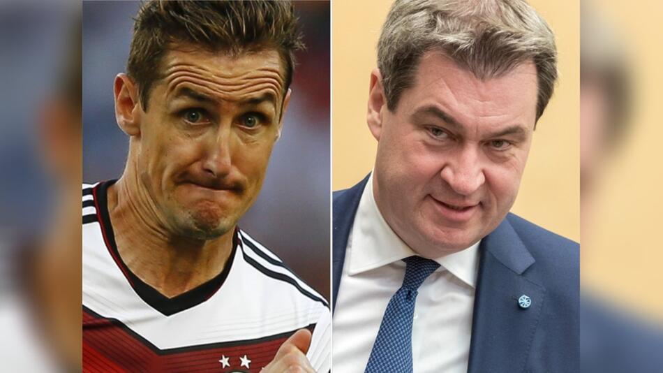 Miroslav Klose (l.) trainiert jetzt den 1.FC Nürnberg, Markus Söder freut sich.