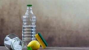 Ausgekipptes Natron liegt neben einer Essigflasche und einer Zitrone.