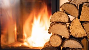 Brennender Kamin mit Holzscheiten im Vordergrund