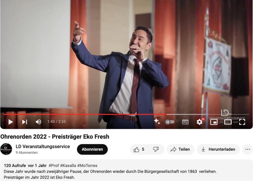 Verleihung des Ohrenordens 2022 an Eko Fresh auf YouTube.