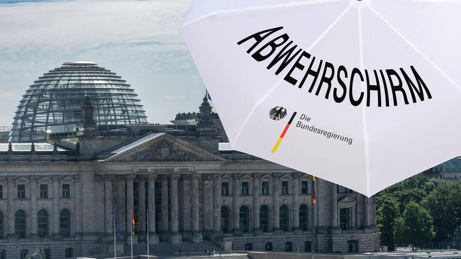 Deutscher Bundestag und Schirm mit der Aufschrift Abwehrschirm