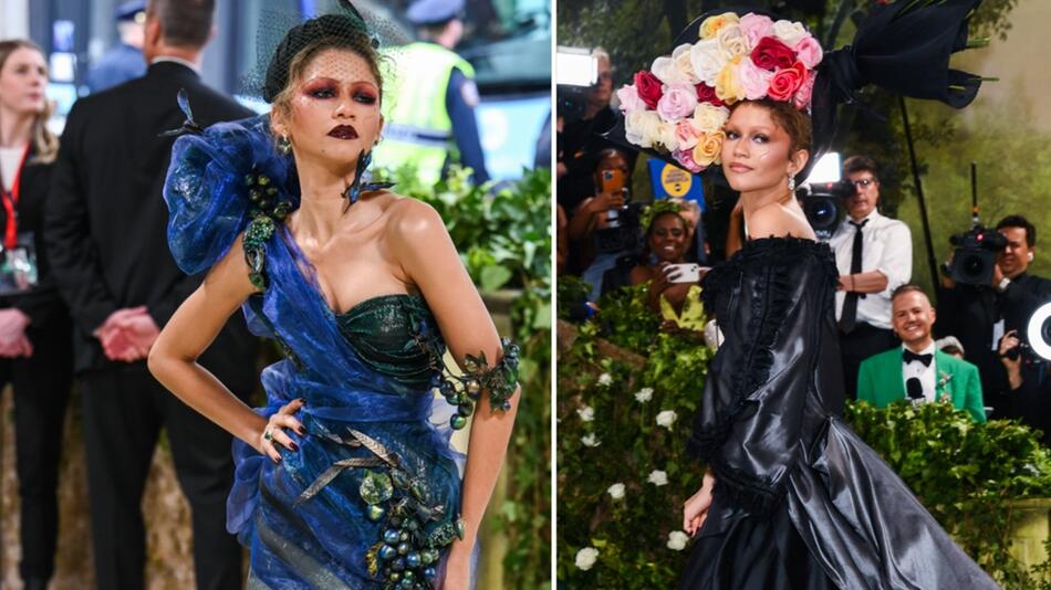 Zendaya zeigte sich erst als eine Art Pfau (l.), und schritt später noch mit einem großen ...