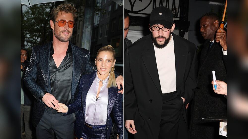 Chris Hemsworth mit Ehefrau Elsa Pataky und Rapper Bad Bunny auf dem Weg zum Pre-Met-Gala-Dinner.